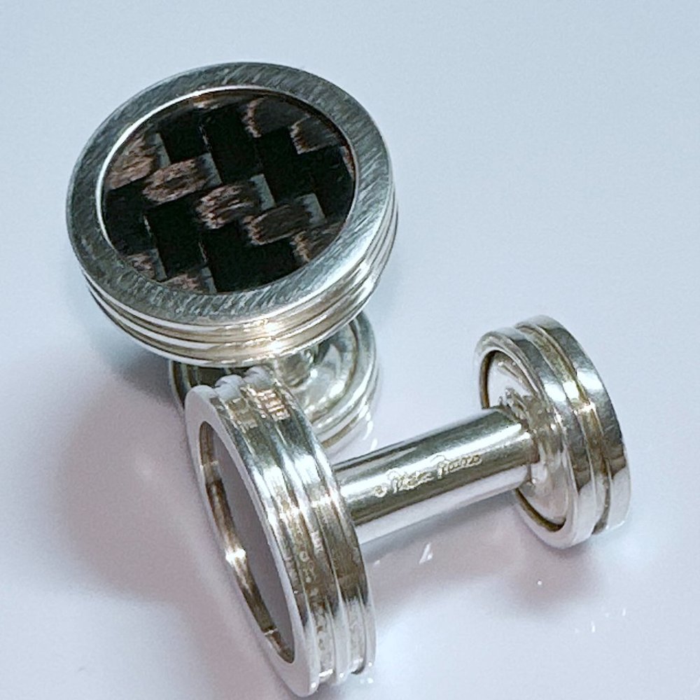 Retired Tiffany & Co. Paloma Picasso Mens Silver Carbon Fiber Round Cufflinks
